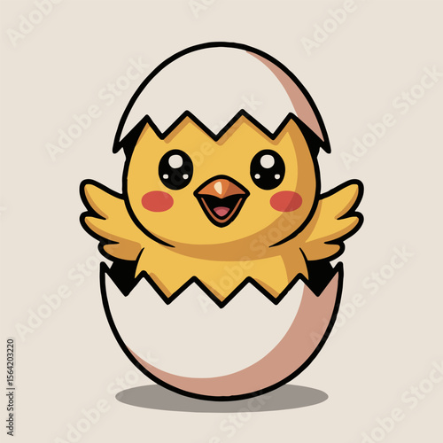 A cartoon chick with rosy cheeks emerging from a cracked egg with a cheerful expression on its face
