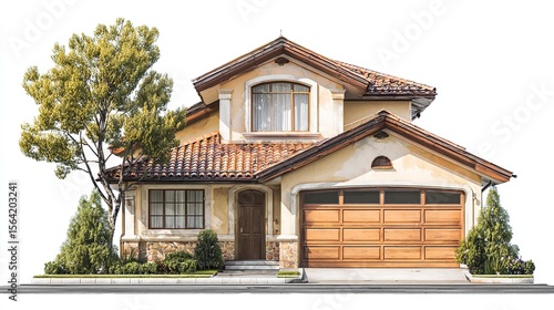 Wallpaper Mural Two-story house, tan stucco exterior, brown roof tiles, attached garage, stone accents, landscaping, tree to the left, isolated on white Torontodigital.ca