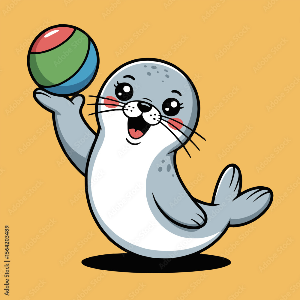 Obraz premium Cartoon seal balancing a colorful ball on its flipper against a yellow background vector