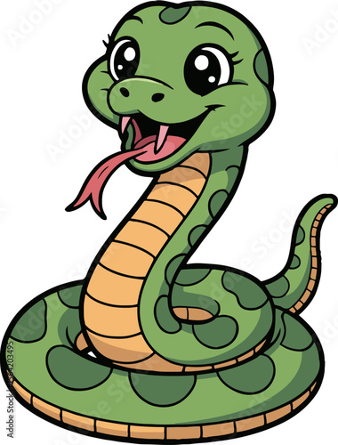 A cartoon green snake with big eyes and a pink tongue curled up on a white background smiling sweetly
