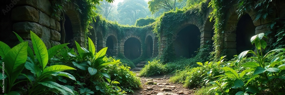 Fototapeta premium Jungle Reclaims Ancient Ruins Lush Vegetation Overtakes Forgotten Civilization Stone Structures