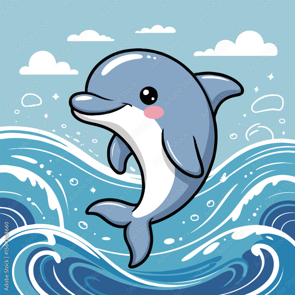 Obraz premium Cartoon dolphin jumping out of the water with clouds in the sky and a cute kawaii style design art