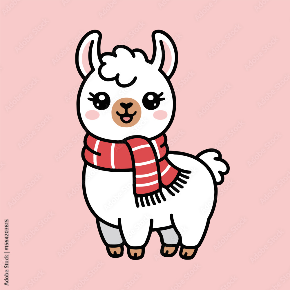 Obraz premium Cartoon llama with a red and white striped scarf standing on a pink background looking forward