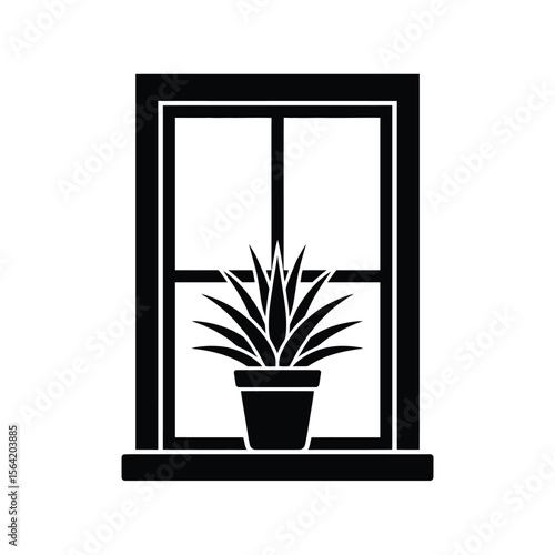 Black silhouette of a potted plant on a windowsill in front of a window