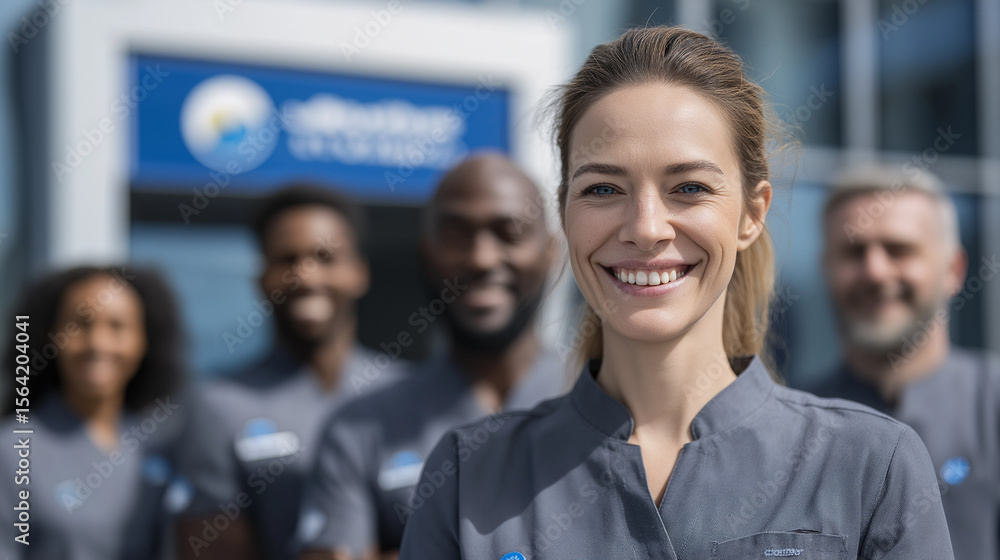 Obraz premium Smiling diverse team of professionals standing outside office building 
