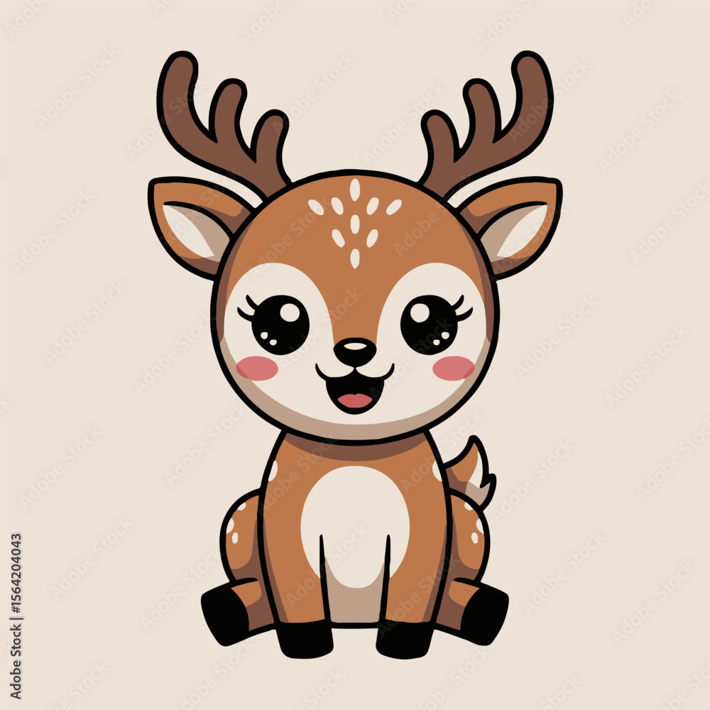 Obraz premium Cartoon vector of a cute baby deer with brown antlers and big eyes sitting on a beige background