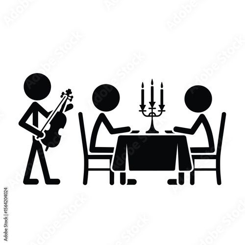 Musician plays violin for couple dining at candlelit table in simple illustration