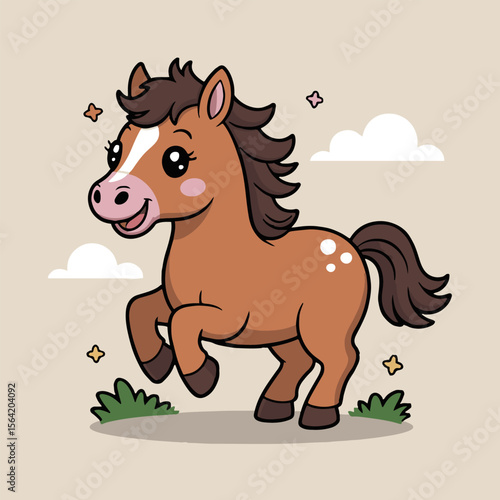 Cartoon vector of a brown horse prancing with white clouds and stars on a beige background