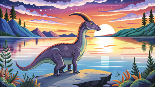 Parasaurolophus gazes at the sunrise over a crystal-clear lake, capturing a peaceful moment from Earth’s ancient dawn in breathtaking detail