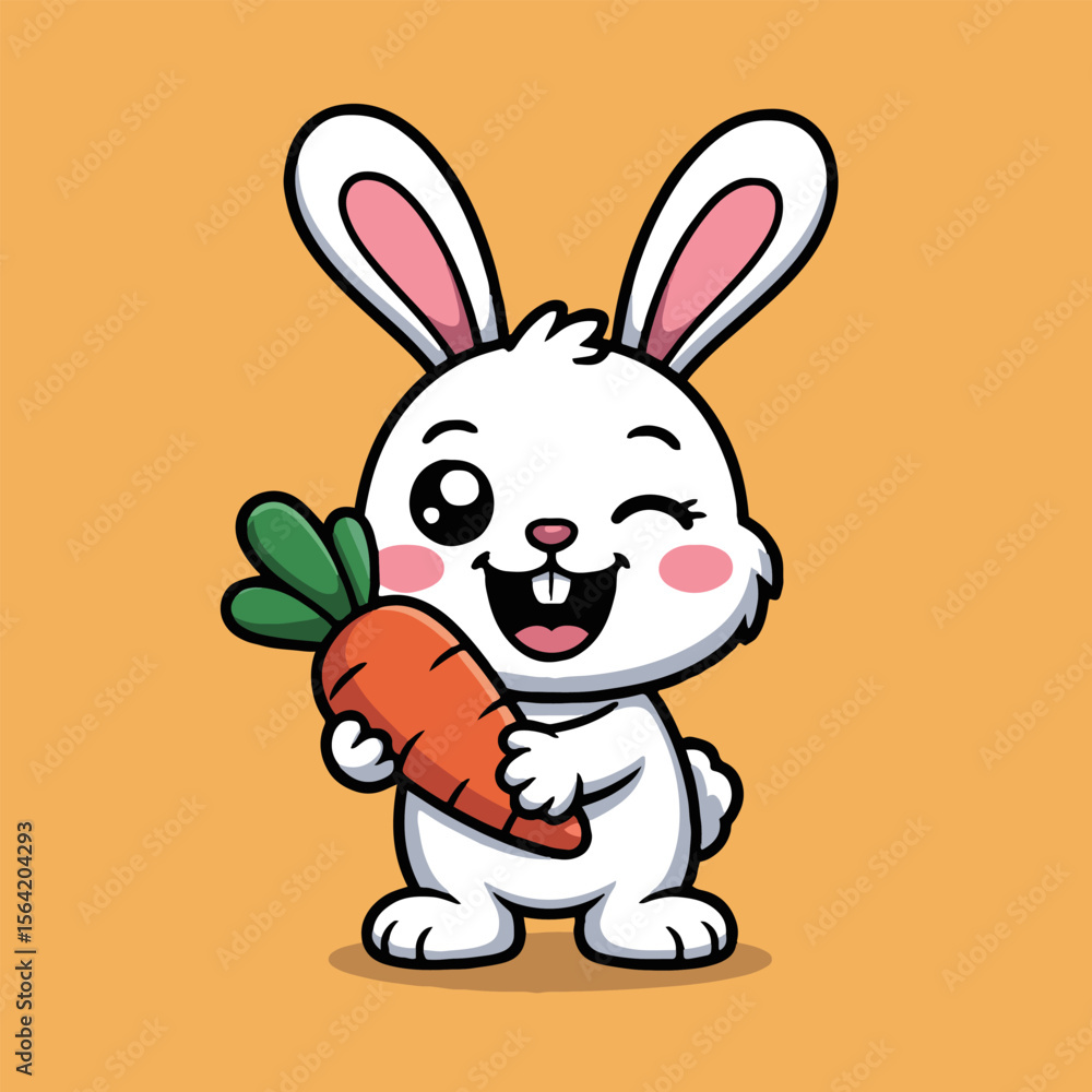 Obraz premium Cartoon white bunny winking and holding a carrot with a bright orange background in a cheerful style