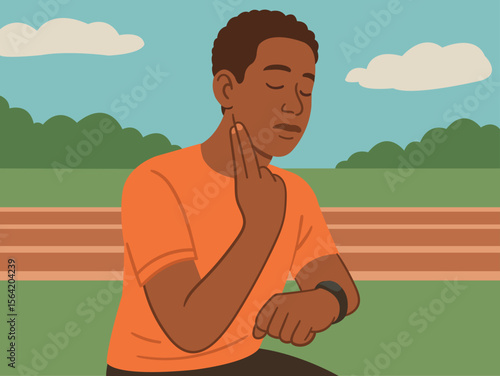 the athlete measures the pulse after training.
In the illustration, a man in an orange T-shirt checks his pulse on a treadmill by putting his fingers to his neck and looking at a smartwatch.