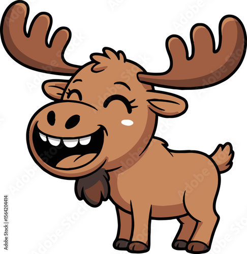Cartoon moose with large antlers smiling widely and showing its teeth on a white background image