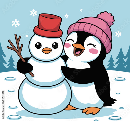 Cartoon penguin hugging a snowman with a red hat in a winter scene with snowflakes and trees
