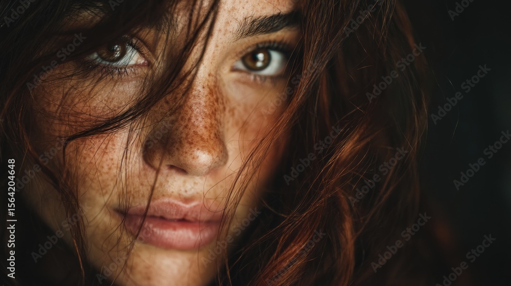 Close-up portrait of a woman with freckles and brown hair Close-up portrait of a woman with freckles and brown hair