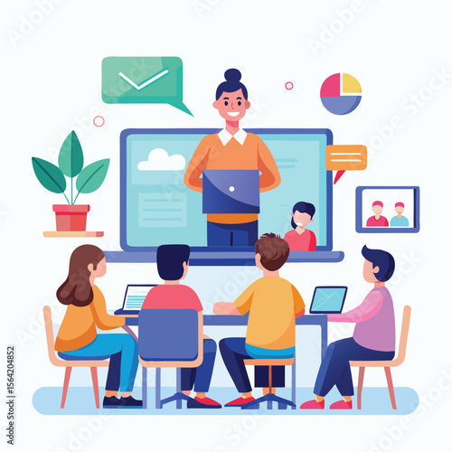 Illustrative view of a virtual meeting with team members and online trainer