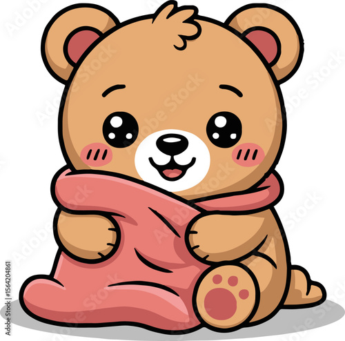 A cute cartoon bear holding a pink blanket with big eyes and a happy smile on a white background