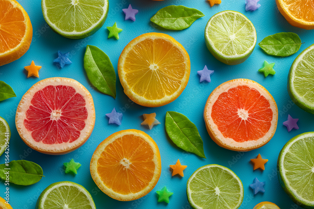 Obraz premium Fruit colorful citrus slices with stars and leaves pattern