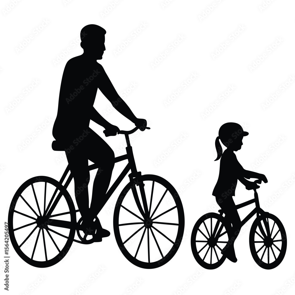 Obraz premium Father and daughter cycling together in silhouette isolated on white background