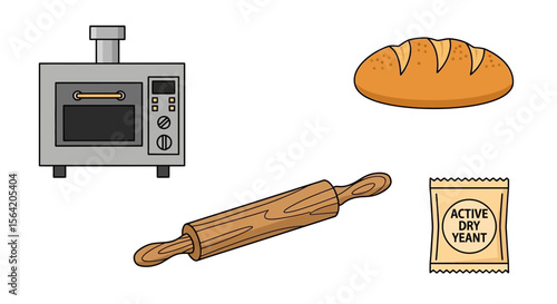 Vector illustration of baking equipment including oven bread rolling pin and active dry yeast for baking needs