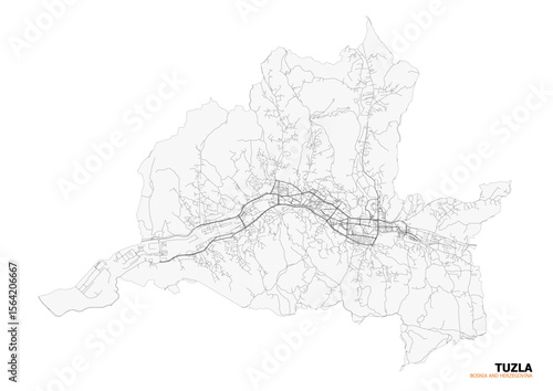 Vector map of Tuzla, Bosnia and Herzegovina, specifically highlighting its extensive highway network. The focus is on the intricate road infrastructure within the city's urban landscape.