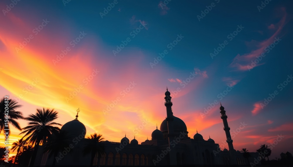 Fototapeta premium Majestic Mosque Silhouette Against a Vibrant, Colorful Sky at Sunset