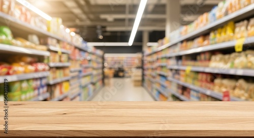 Wallpaper Mural Blurred supermarket aisle scene with shelves stocked with groceries. A wooden countertop in the foreground provides a potential surface for product placement. Torontodigital.ca