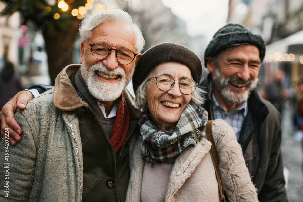 Group of senior friends walking together in the city. Elderly people having fun outdoors. Group of senior friends walking together in the city. Elderly people having fun outdoors.