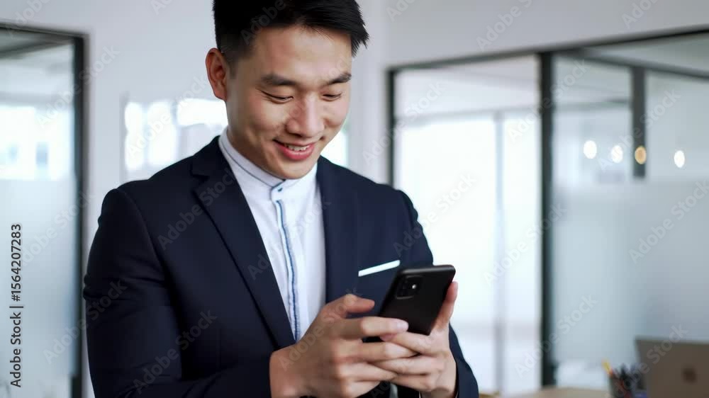 Asian businessman using mobile phone in modern office setting Asian businessman using mobile phone in modern office setting