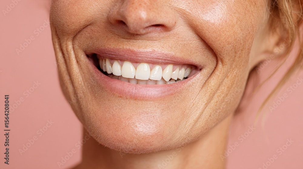 Fototapeta premium Close-up of mature caucasian female with bright smile and natural freckles on pink background