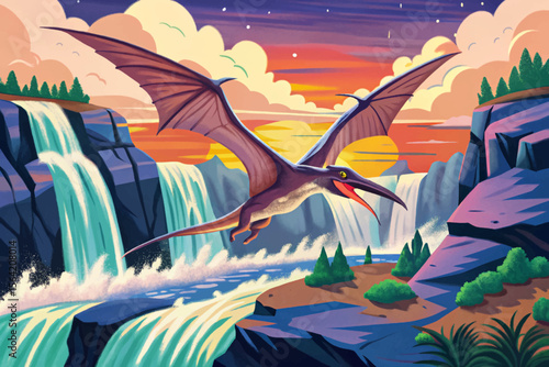 Pteranodon soars above towering cliffs and cascading waterfalls under a windy sky, capturing prehistoric flight in a dramatic natural landscape