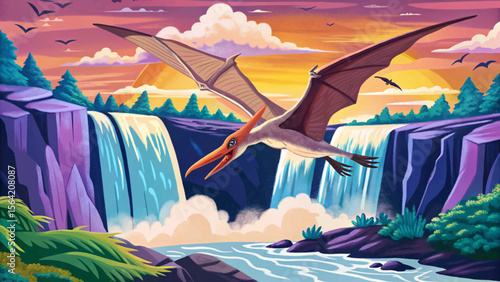 Pteranodon soars above towering cliffs and cascading waterfalls under a windy sky, capturing prehistoric flight in a dramatic natural landscape