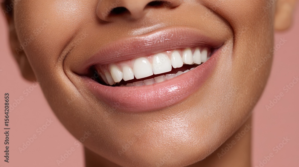 Fototapeta premium Close-up smiling face of young african female with perfect teeth on pink background