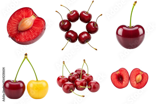 Assorted cherries and sliced plum on white background, set    