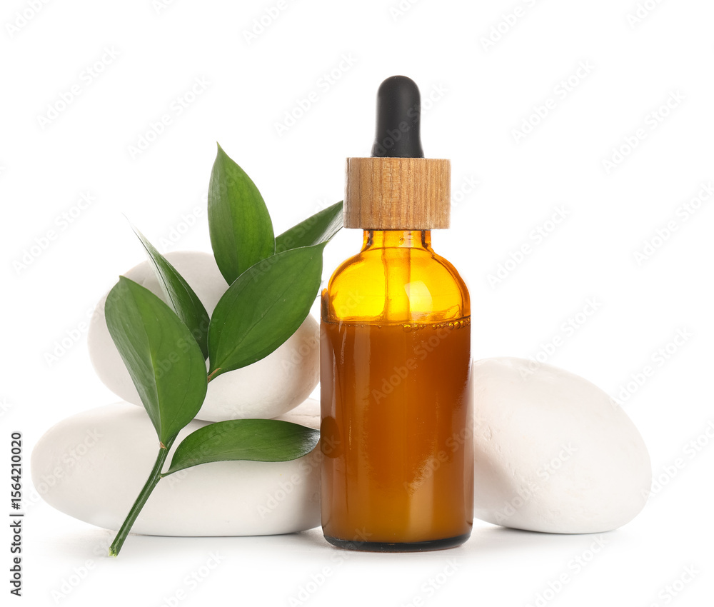 Bottle of essential oil, plant branch and spa stones on white background Bottle of essential oil, plant branch and spa stones on white background