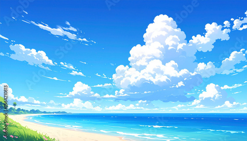 青い海と白い砂浜のビーチ　アニメ風