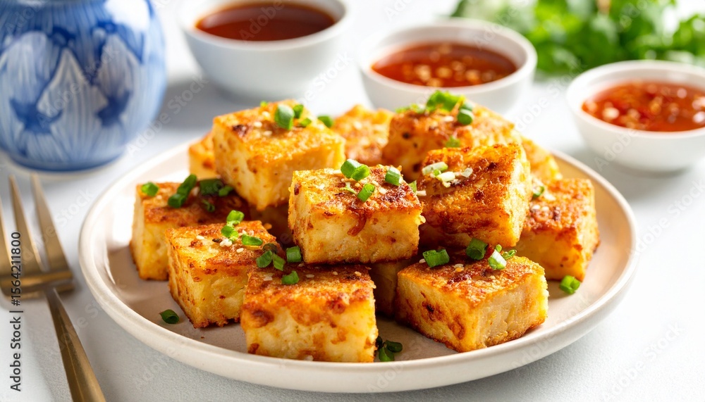 Serving Turnip Cakes at Dim Sum Table. Traditional Chinese Cantonese Food Serving Turnip Cakes at Dim Sum Table. Traditional Chinese Cantonese Food