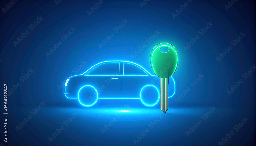 Fototapeta premium Glowing neon car silhouette with a green key, symbolizing car security, rental, or electric vehicle access.