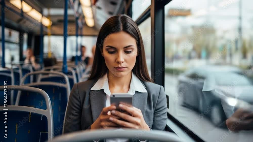 Commuting Woman Uses Smartphone on Bus, Cityscape Seen Through Window Commuting Woman Uses Smartphone on Bus, Cityscape Seen Through Window