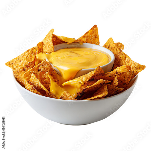 Crispy nachos with melted cheese dip in a white bowl on transparent background