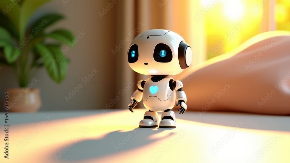 Cute robot with heart symbol standing on table Cute robot with heart symbol standing on table