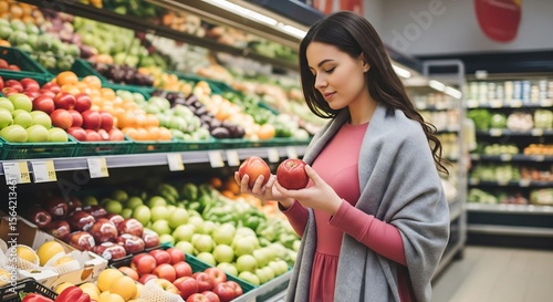 A woman shops for fruit in a grocery store, holding and examining two red apples in a produce aisle filled with colorful fruits & vegetables.