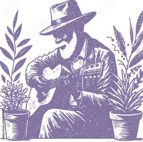 Elderly black man playing blues guitar surrounded by plants, dot halftone effect, vintage stamp illustration, soulful musician, retro style, textured vector art, musical passion, nature elements