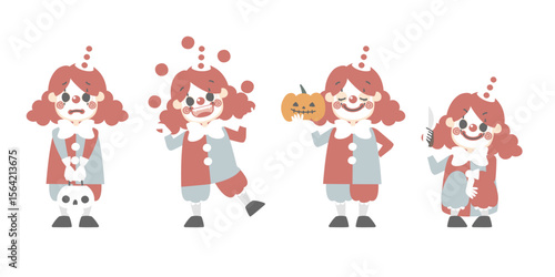 happy halloween holiday festival with character set of boys wearing bozo clown costume, flat vector illustration cartoon character design