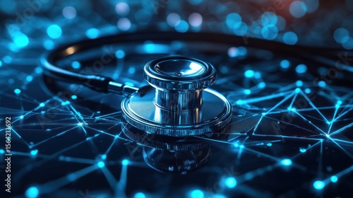 a futuristic conceptual illustration featuring a stethoscope poised on a web of glowing blue digital lines showcasing health tech and medical advancements for a modern era