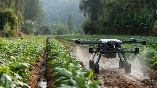 Agriculture Drone Precision: An unmanned aerial vehicle (UAV) drone adeptly navigates a vibrant crop field, employing advanced technology to meticulously tend to the cultivated plants.
