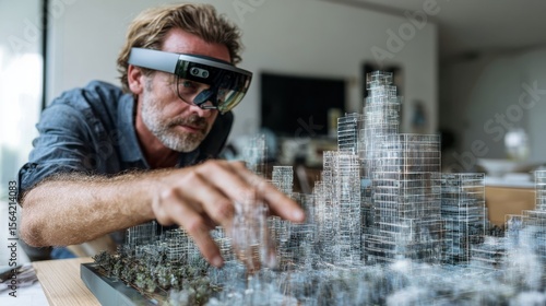 Innovative Architect and Futuristic City Model: An architect wearing cutting-edge augmented reality glasses carefully examines a detailed architectural model.