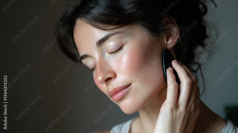 Fototapeta premium Inner Calm: A person with a serene expression delicately massages their face with a gua sha tool, creating a tranquil atmosphere, which radiates a sense of self-care and well-being.