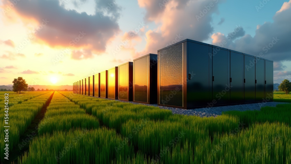 Obraz premium Data center in green field at sunset