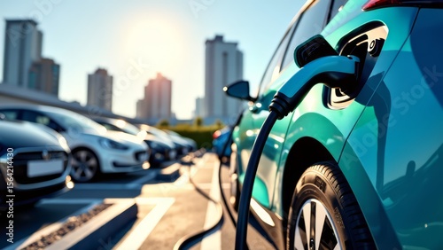 Electric car charging in city parking lot