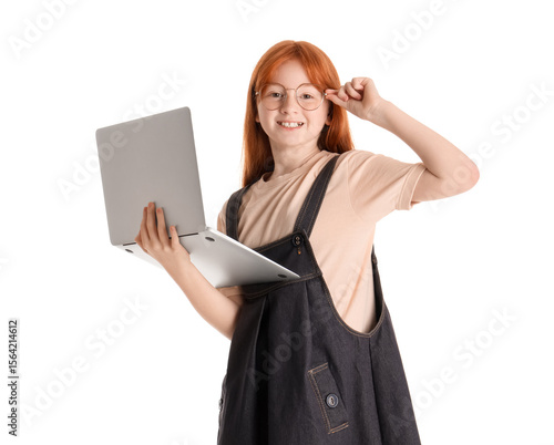 education and digital learning, young girl with red hair holding a laptop and...